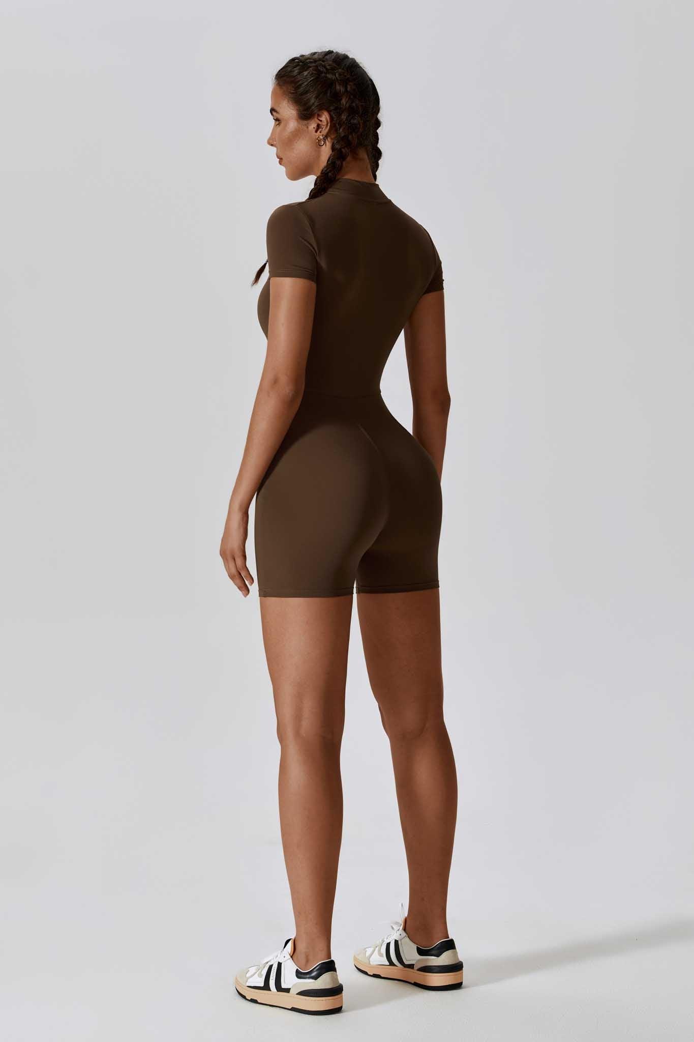 Brown Short Sleeve Romper with Back-Seam and  Collar Half Zip By BOTA Official