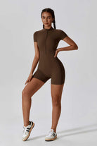 Brown Short Sleeve Romper with Back-Seam and  Collar Half Zip By BOTA Official