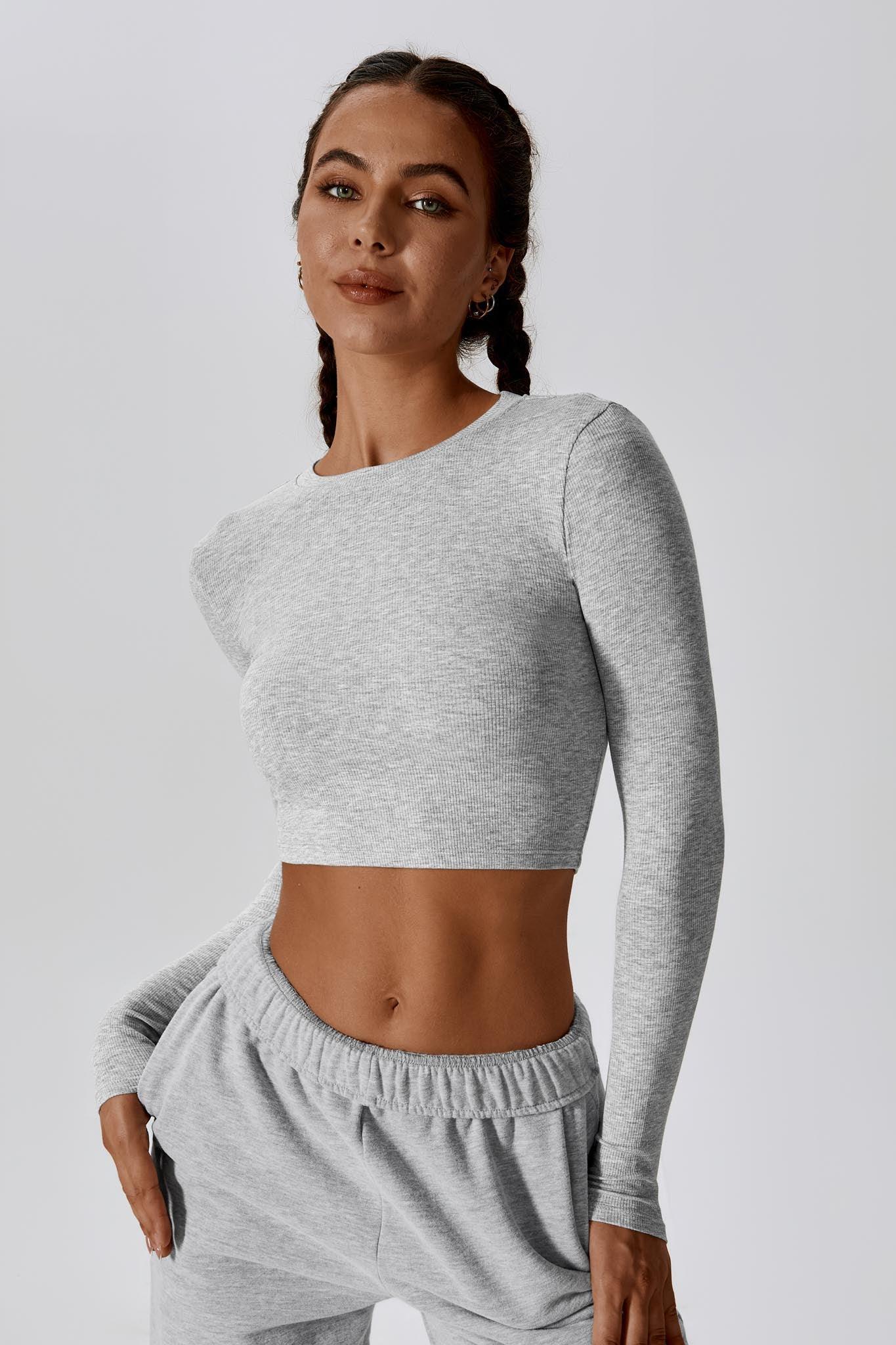 Rhino Grey Long Sleeve Crop Top with Comfortable Round Neckline By BOTA Official