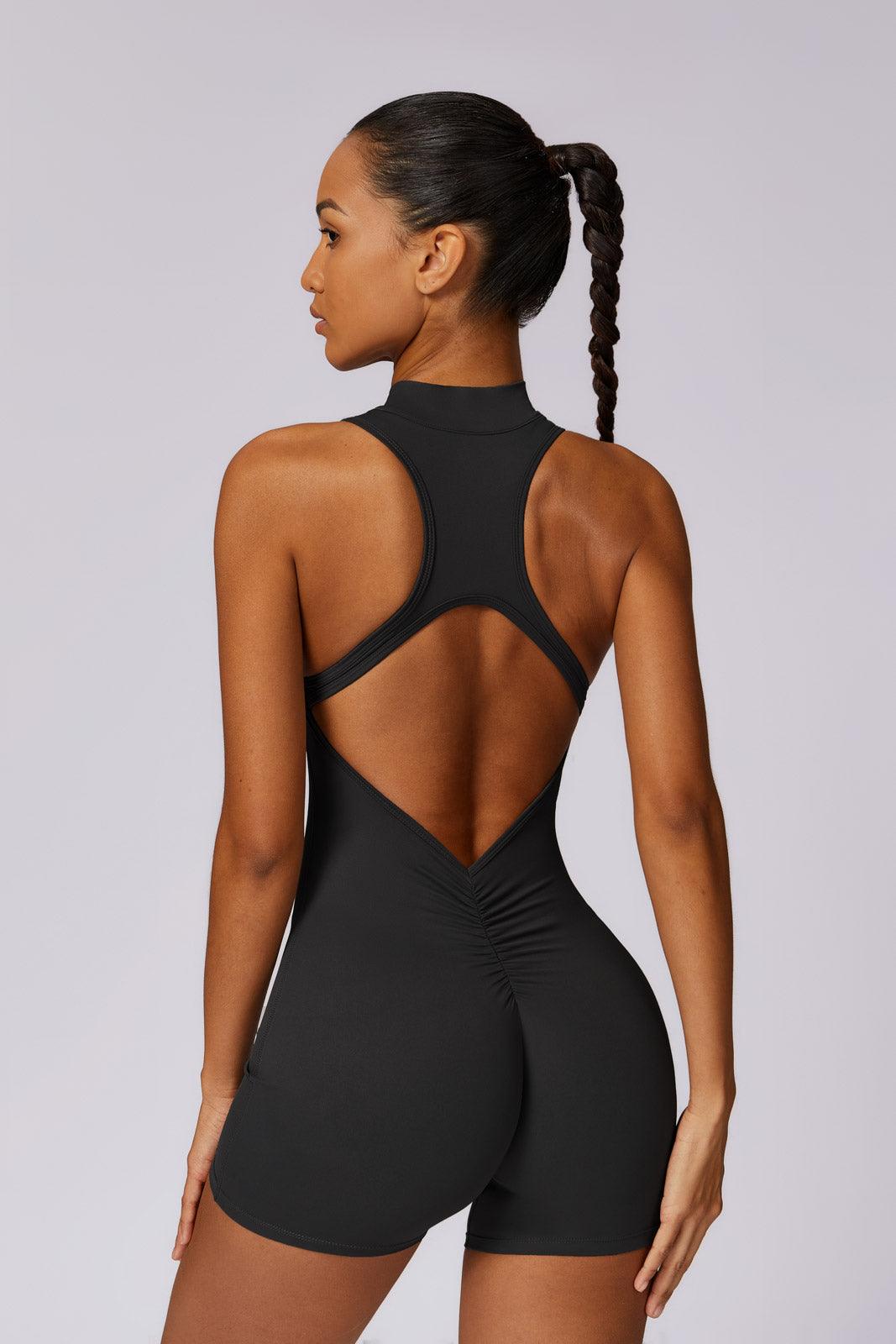 Milana Gym Romper in Black with Ruched Back & Zip Design By BOTA Official