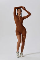 Long Sleeve Caramel Romper with Half Zip and stretchy Fabric By BOTA Official