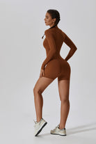 Long Sleeve Caramel Romper with Half Zip and stretchy Fabric By BOTA Official