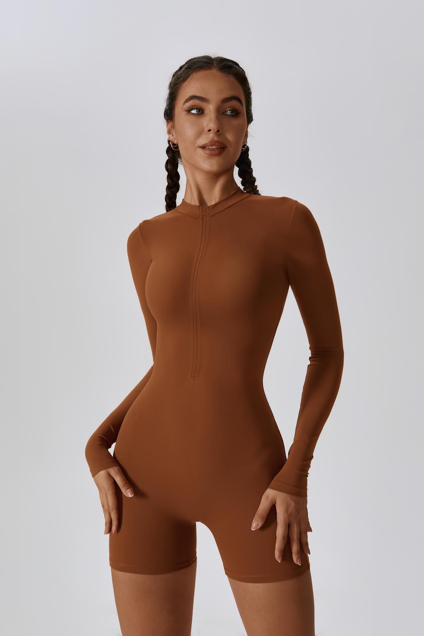 Long Sleeve Caramel Romper with Half Zip and stretchy Fabric By BOTA Official