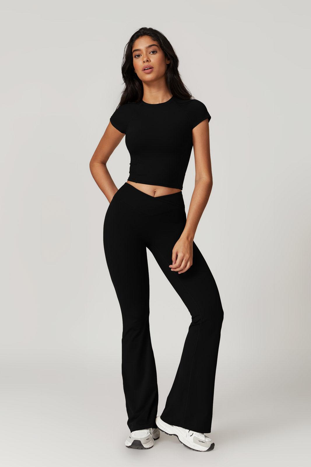 Fit Black Flare Leggings with V-Shaped Cross Waist By BOTA Official