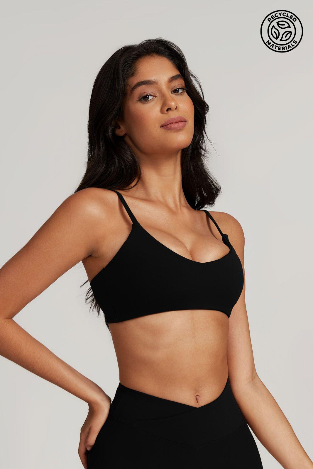 Chic Black Sports Bra with Thin Straps and Moisture Wicking Fabric