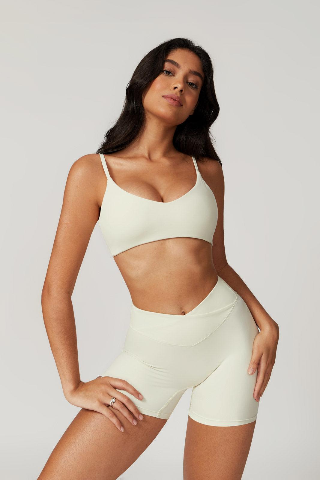 Breathable Cream Sports Bra with Thin Straps and Four-Way Stretch by BOTA Official